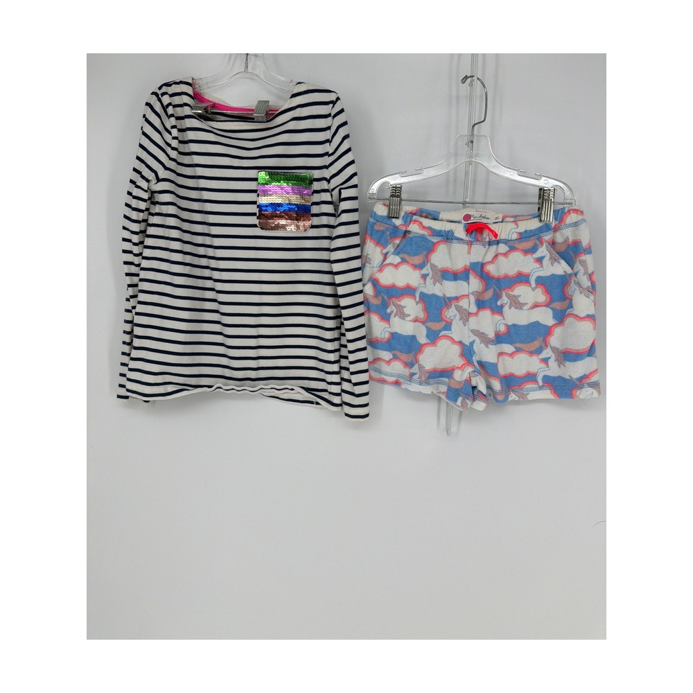 Mini Boden 2pc Outfit Set Girls 10Y Navy Stripe Sequin Top Unicorn Terry Shorts